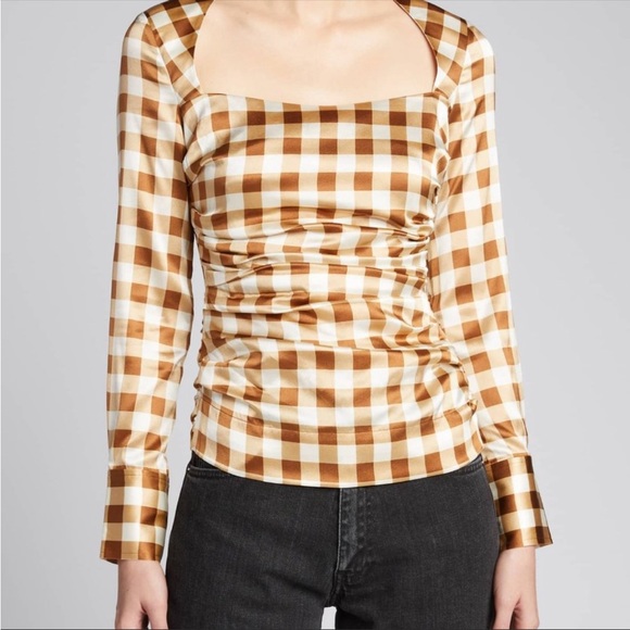 GANNI Silk Check Draped Blouse 10 - Picture 2 of 10